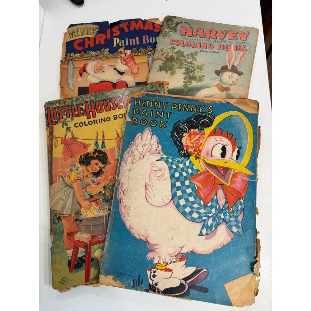 Vintage 1940s Coloring Books Lot Harvey Invisible Rabbit Little Housekeeper 4pc